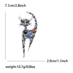 Vintage cat brooch with colorful rhinestones on silver alloy base for women suit