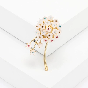 Elegant dandelion floral brooch with colorful rhinestones and white enamel petals