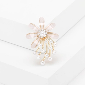Eleganter Perl-Acryl-Blumen-Anstecker mit rosa-weißen Streifen und goldenen Quasten