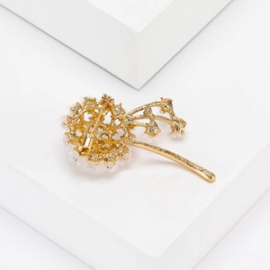 Detailed back view of golden dandelion brooch with secure rotating safety pin clasp