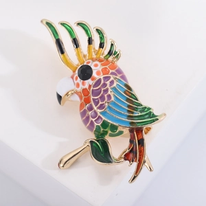 Colorful enamel parrot brooch pin with rhinestones on a golden branch, alloy jewelry
