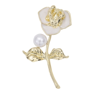 Elegant Rose Camellia Flower Brooch Alloy Enamel Artificial Pearl Pin Gold Petal Brooch For Coat Suit Wedding Women Fashion Jewelry