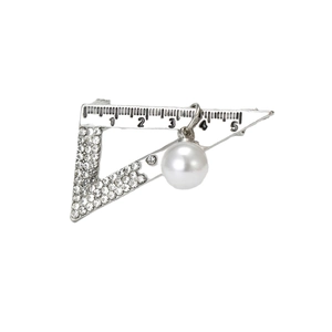 Creative silver triangle ruler brooch with sparkling rhinestones and white faux pearl charm