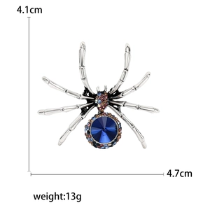 Retro spider brooch in silver metal with dark blue crystal and colorful rhinestones