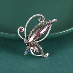 Elegant silver butterfly brooch with pink marquise stones and multi-colored rhinestones