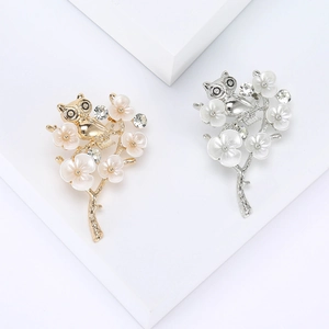 Elegant Alloy Owl Flower Brooch Vintage Korean Style Rhinestone Enamel Animal Branch Suit Pin For Women Fashion Jewelry