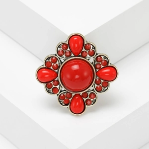 Vintage Bohemian antique gold brooch with large red round and teardrop resin stones