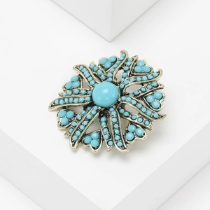 Vintage retro sunflower brooch with turquoise stones and antique bronze alloy finish