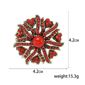 Vintage silver flower brooch with red rhinestones, 4.2cm diameter floral pin accessory