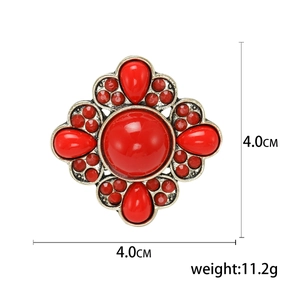 Bohemian vintage floral brooch with red stones and antique silver finish, 4.0cm size