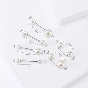 Classic pearl brooch set with straight and U-shape pins showing detailed size specifications
