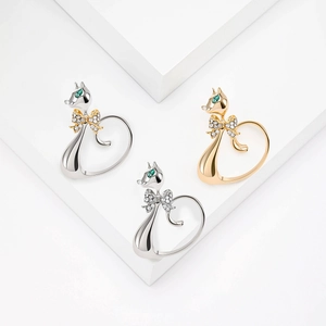 Broche Chat en Alliage de Style Coréen Simple Avec Nœud en Strass Épinglette Animal Mignonne pour Femme Bijoux
