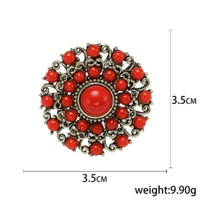 Baroque retro round brooch with red bead embellishments and antique metal base 3.5cm