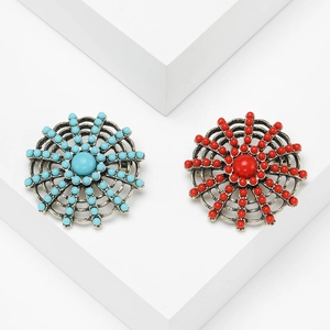 Vintage Alloy Flower Brooch Pin For Women Turquoise Blue Red Beads Ethnic Sunflower Breastpin Banquet Clothing Accessories