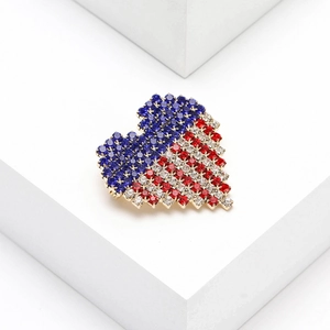 Sparkling American flag heart brooch with red white and blue crystals on gold base