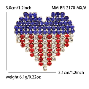 Sparkling rhinestone heart brooch with American flag pattern on gold-tone metal base