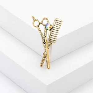 Vintage gold scissors and comb brooch with rhinestone for men's suits and hairdressers