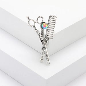 Vintage silver scissors and comb brooch with sparkling AB crystal for men suits