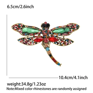 Creative dragonfly brooch with colorful rhinestones in antique gold finish and dimensions
