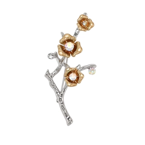 Elegant silver branch brooch with three golden plum blossoms and sparkling rhinestones