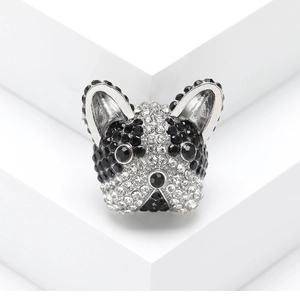 Sparkling rhinestone French Bulldog brooch pin in polished silver setting for women