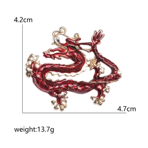 Exquisite Chinese zodiac dragon brooch in red enamel and gold finish, size 4.7 x 4.2 cm