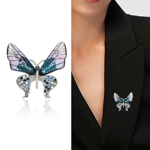 Elegant butterfly brooch with blue and purple crystal rhinestones for blazer lapels