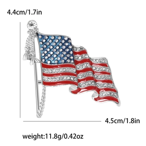Detail showing American flag brooch with red blue enamel, rhinestones and size labels