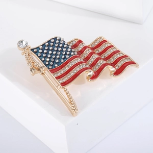 Elegant wavy American flag brooch with sparkling rhinestones and colorful enamel