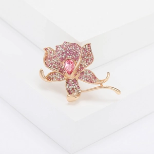 Luxury Alloy Rhinestone Flower Brooch Pink Orchid Floral Pin For Women Suits Coats Wedding Party Fashion Jewelry Gift