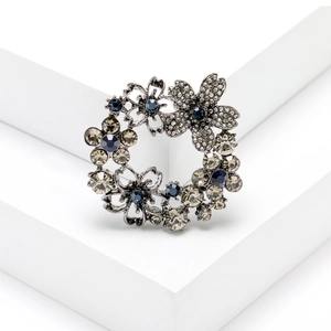 Elegant rhinestone flower wreath brooch in gunmetal finish for women fashion clothing