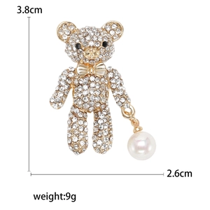 Broche ours mignon avec strass scintillants et pendentif perle, hauteur de 3,8 cm