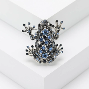 Vintage-Froschbrosche aus Silberlegierung mit blauen und schwarzen Strasssteinen Dekor