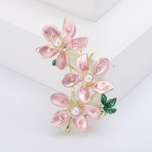 Elegant peach blossom flower brooch with pink enamel petals and white pearl accents