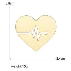 Minimalist gold heart-shaped brooch with electrocardiogram cutout showing 3.8x3.4cm size