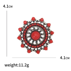 Vintage Turkish hollow brooch with red beads and bohemian rhinestone crystals, 4.1cm size