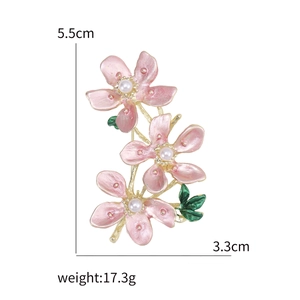 Pink enamel peach blossom flower brooch with white pearls and gold accents for women