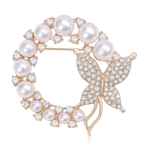 Elegant Alloy Rhinestone Butterfly Artificial Pearl Wreath Brooch Gold Silver Plated Circle Pin For Wedding Party Women Jewelry