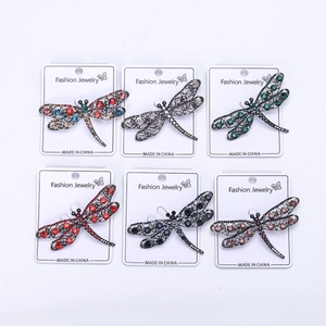 Detailed set of 6 hollow dragonfly brooches with sparkling colorful rhinestones