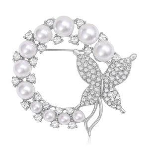 Elegant silver butterfly wreath brooch with white pearls and sparkling crystals