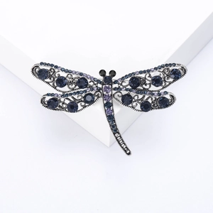 Elegant hollow dragonfly brooch with blue rhinestones and silver alloy vintage design