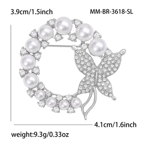 Elegant rhinestone butterfly and pearl wreath brooch with size and weight measurements