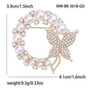 Elegant gold round butterfly brooch with white pearls and sparkling rhinestones for women