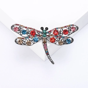 Exquisite hollow dragonfly brooch with colorful rhinestones and silver filigree metal art