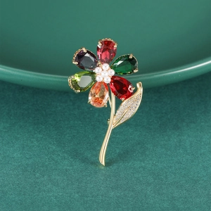 Elegant Flower Brooch Pin For Women With Zirconia And Faux Artificial Pearl Colorful Floral Copper Alloy Pin For Wedding Party Office