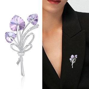 Elegant silver flower bouquet brooch with lavender crystal hearts and micro zircons