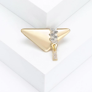 Minimalist golden triangle brooch with zipper design and sparkling cubic zirconia stones