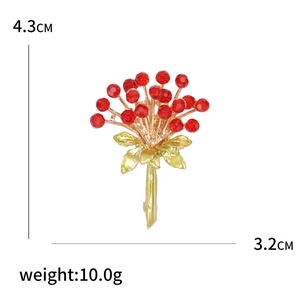 Broche bouquet de baies en cristal élégante avec perles rouges et branches dorées