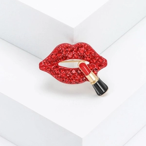 Personalized Alloy Enamel Lips And Lipstick Brooch For Women Fashion Red Rhinestone Inlaid Lapel Pin Clothing Accessory