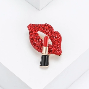 Creative enamel red lips and lipstick brooch with sparkling rhinestones for women